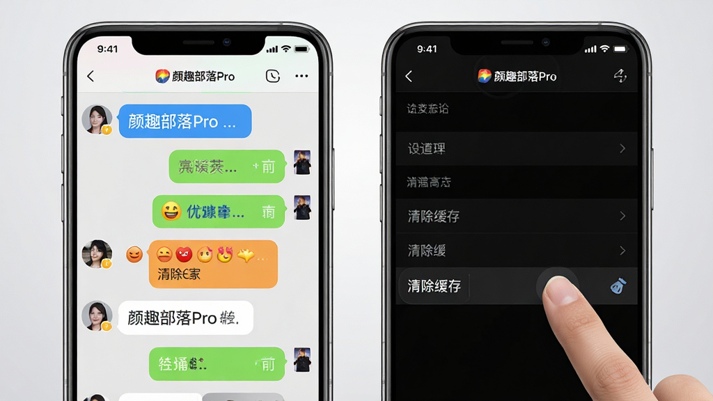 主体:两部智能手机并排放置,分别展示颜趣部落Pro的聊天界面和设置菜单。布局:左侧手机展示色彩斑斓的群聊界面,包含文字和表情包气泡;右侧手机展示深色模式的设置页面,并高亮“清除缓存”选项。排版:画面采用对称式构图,背景为干净的浅灰色渐变,突出两部手机屏幕中的内容。风格:写实风格,屏幕显示清晰锐利,手机边框具有金属质感。细节:屏幕中可见“颜趣部落Pro”的logo,并有一只手指正在点击“清除缓存”按钮。画质:4K高清,光线均匀,干净无多余元素。
