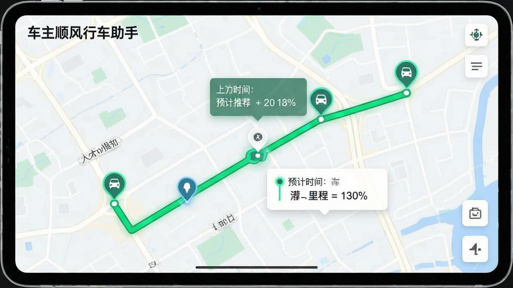 一张展示智能路线规划功能的界面截图,地图上清晰绘制出一条绿色推荐路线,沿途分布着几个乘客上车点标记,路线旁边有预计时间与里程数据浮窗,界面左上角显示“车主顺风行车助手”文字,整体风格简洁明了,科技感强,画质清晰,干净无多余元素