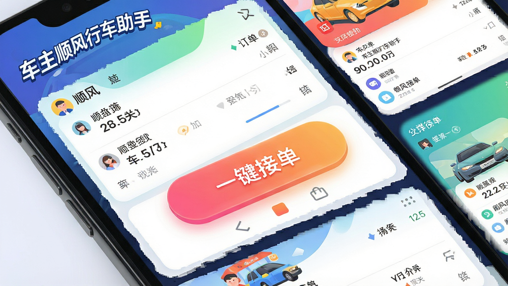 一张手机应用功能展示图,屏幕被划分为多个卡片区域,每个卡片代表不同顺风车平台的订单信息,中央有醒目的“一键接单”按钮,界面色彩鲜艳但不刺眼,左上角带有“车主顺风行车助手”应用名称,整体风格商务且现代,画质高清,无多余元素