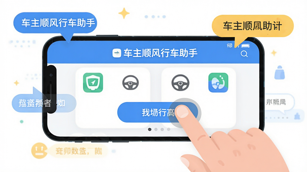 一张手机横屏操作示意图,画面中模拟用户手指点击应用按钮,屏幕显示“车主顺风行车助手”主界面,周围有操作提示气泡,整体风格为扁平化插画风,色彩明快,布局清晰,画质干净,无多余元素