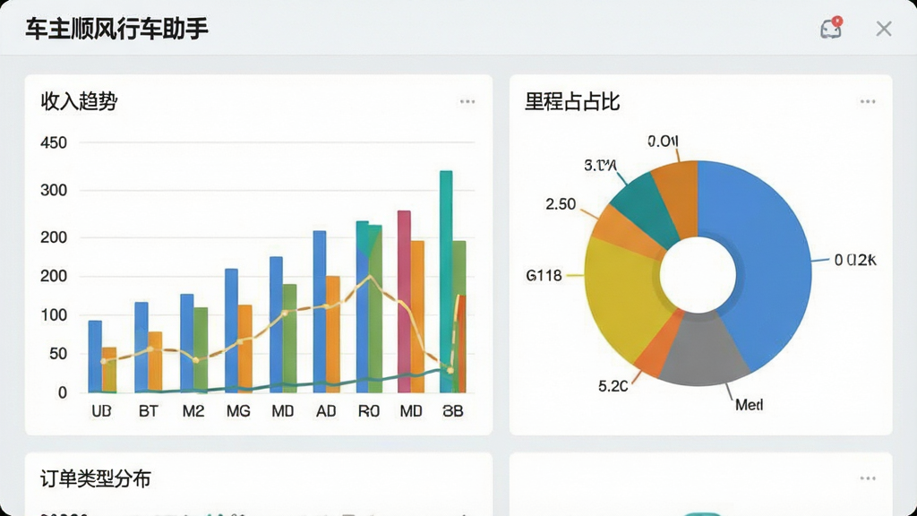 一张数据统计界面截图,屏幕上展示着柱状图与饼状图,分别显示收入趋势、订单类型分布、里程占比等数据,界面背景为浅灰色,图形色彩丰富但搭配协调,左上角有“车主顺风行车助手”字样,整体风格专业且严谨,画质清晰,干净无多余元素