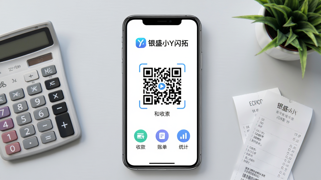 画面主体为一部智能手机屏幕正中央显示银盛小Y闪拓的App主界面,界面顶部有“银盛小Y闪拓”品牌字样与蓝色渐变Logo,中部清晰展示一个动态收款二维码,下方排列着“收款”“账单”“统计”三个圆形功能图标,背景为淡灰色办公桌面,桌面摆放计算器、收银小票和绿色植物,整体布局居中对称,风格简洁明亮,写实渲染,细节丰富,画质高清干净无多余元素