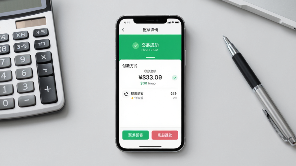 图片主体为一部手机展示银盛小Y闪拓App的“账单详情”页面,屏幕上方显示“交易成功”绿色标识,中间有收款金额和付款方式,下方为“联系顾客”和“发起退款”按钮,背景为浅灰色桌面,旁边放有计算器和签字笔,构图采用平视角度,风格商务简洁,画质干净无多余元素