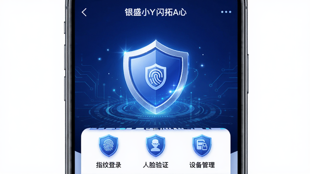 图片主体为银盛小Y闪拓App的“安全中心”页面,屏幕展示“指纹登录”“人脸验证”“设备管理”等选项,图标为盾牌样式,背景为深蓝色科技感渐变,中央有一个发光的盾牌图案,整体风格科技感强,色彩鲜明,画质高清干净无多余元素