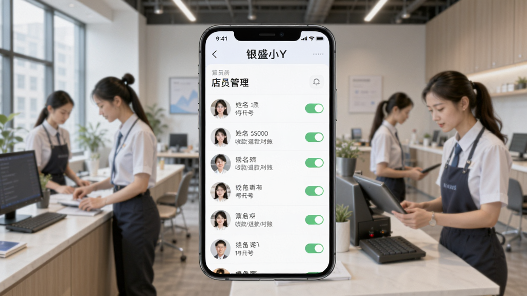 图片主体为银盛小Y闪拓App的“店员管理”界面,屏幕展示店员列表,每行包含店员头像、姓名、手机号及“收款/退款/对账”权限开关,背景为现代办公室场景,有数名店员在忙碌,画面采用平视角度,风格写实明亮,细节丰富,画质干净无多余元素