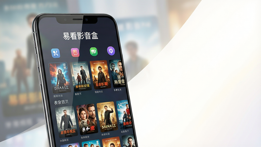 主体:易看影音盒软件主界面展示在超薄智能手机上,屏幕中清晰显示'易看影音盒'字样及丰富影视海报墙。布局:手机居中偏左,右侧留白配以柔光背景,整体呈对角线构图。排版:界面图标排列整齐,分类标签清晰可见,海报风格统一。风格:现代扁平化结合拟物细节,色彩明快通透。细节:手机屏幕反光自然,背景有轻微景深,突出软件界面。画质:超高清8K渲染,干净无多余元素。