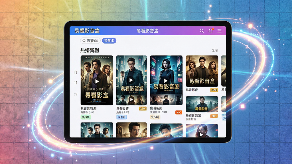 主体:易看影音盒软件界面显示搜索'热播新剧'结果,以瀑布流布局呈现多个视频海报缩略图。布局:画面中央为一台平板电脑,屏幕中展示资源聚合页面,四周围绕光效元素。排版:海报大小统一,标题栏显示'易看影音盒'字样,搜索结果按热度排序。风格:科技感与时尚感结合,色彩鲜艳明亮。细节:背景有微网格纹理,每个海报下方显示清晰片名与清晰度标签。画质:4K超清,干净无多余元素。