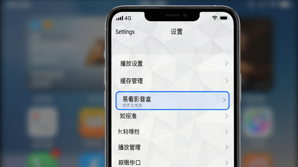 主体:易看影音盒在手机上的使用场景,展示设置界面中各项优化选项。布局:手机屏幕居中,界面显示“设置”菜单列表,包含“播放设置”、“缓存管理”等选项。排版:列表清晰,每个选项高亮显示,当前选中项有蓝色边框。风格:简洁的浅色UI风格,背景为淡灰色几何图形。细节:屏幕上方时间栏显示4G信号,背景虚化处理,突出手机屏幕内容。画质:高清渲染,干净无多余元素。