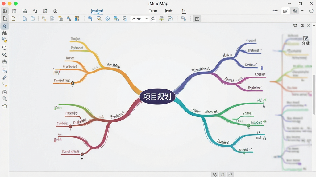 һ��չʾiMindMap��������ĸ����ͼ������������һ��ɫ�ʷḻ������������˼ά��ͼ������Ϊ����Ŀ�滮������Χ���������ӽڵ㣬����Ϊǳ��ɫ���������ִ���Լ�������������ɾ����࣬�޶���Ԫ��