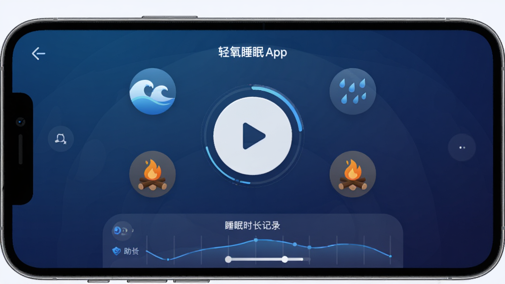 一张展示轻氧睡眠App主界面的高清手机截图,界面以深蓝色渐变为主色调,中央显示圆形睡眠播放按钮,周围环绕海浪、雨声、篝火等助眠音效图标,底部有睡眠时长记录图表,整体风格宁静科技感,画面干净整洁,无多余元素,画质清晰,4K分辨率。
