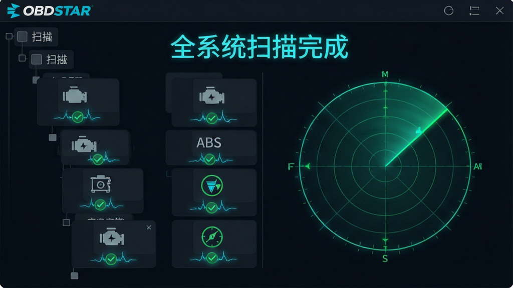主体:OBDSTAR软件界面以仪表盘样式展示发动机、变速箱、ABS等多个系统模块的扫描状态,全部标记为绿色对勾。布局:左侧为系统模块列表树状图,右侧为实时动态的雷达扫描动画,扁平化信息层级。排版:顶部为