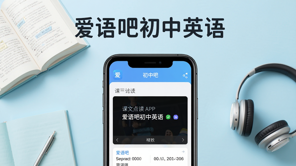 主体:爱语吧初中英语APP界面展示,手机屏幕显示单词学习与课文点读界面,背景为淡蓝色学习场景,布局:居中构图,手机位于视觉中心,周围环绕书本、耳机等学习元素,排版:简洁清晰,突出APP名称