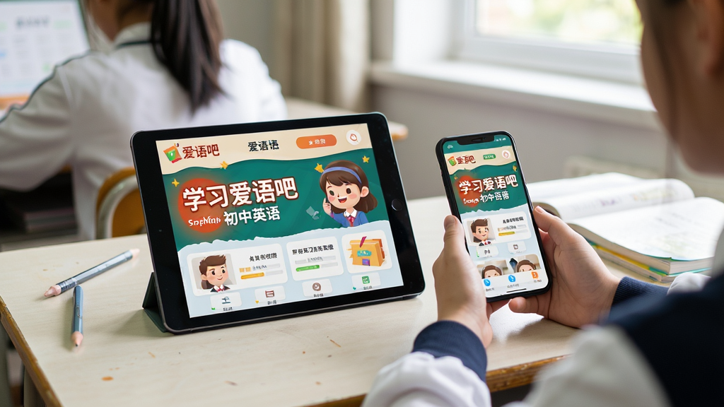 主体:学生学习爱语吧初中英语的场景,使用平板与手机同时学习,布局:画面中央为学习桌,平板与手机并排展示,排版:自然生活化,风格:真实摄影风格,细节:屏幕显示爱语吧初中英语界面,画质高清,干净明亮
