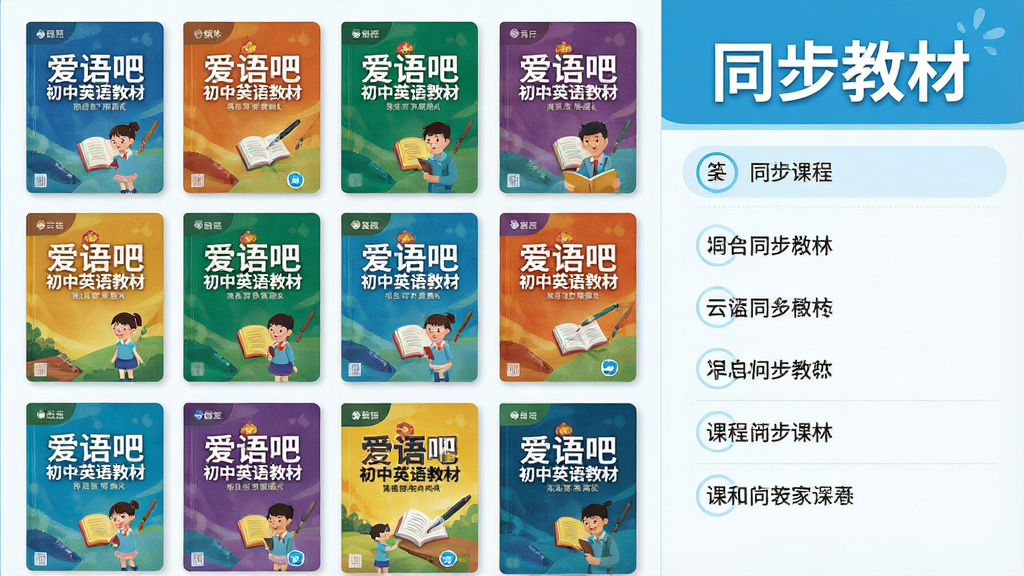 主体:爱语吧初中英语教材同步界面,展示多版本教材封面与单元列表,布局:左右分栏,左侧教材封面墙,右侧课程列表,排版:规整有序,标题