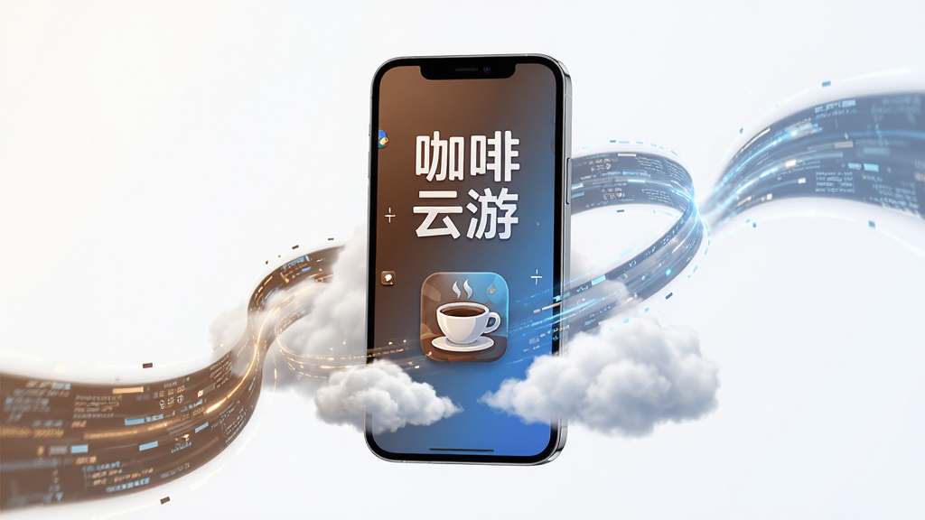 主体:咖啡云游App界面悬浮在云朵与手机之上,界面显示游戏运行画面,布局:居中构图,手机屏幕中呈现“咖啡云游”四字与游戏图标,排版简洁,风格:现代科技感,主色调为咖啡色与蓝色渐变,细节:手机周围有流动的数据光带,背景干净,画质:8K超清,干净,无多余元素