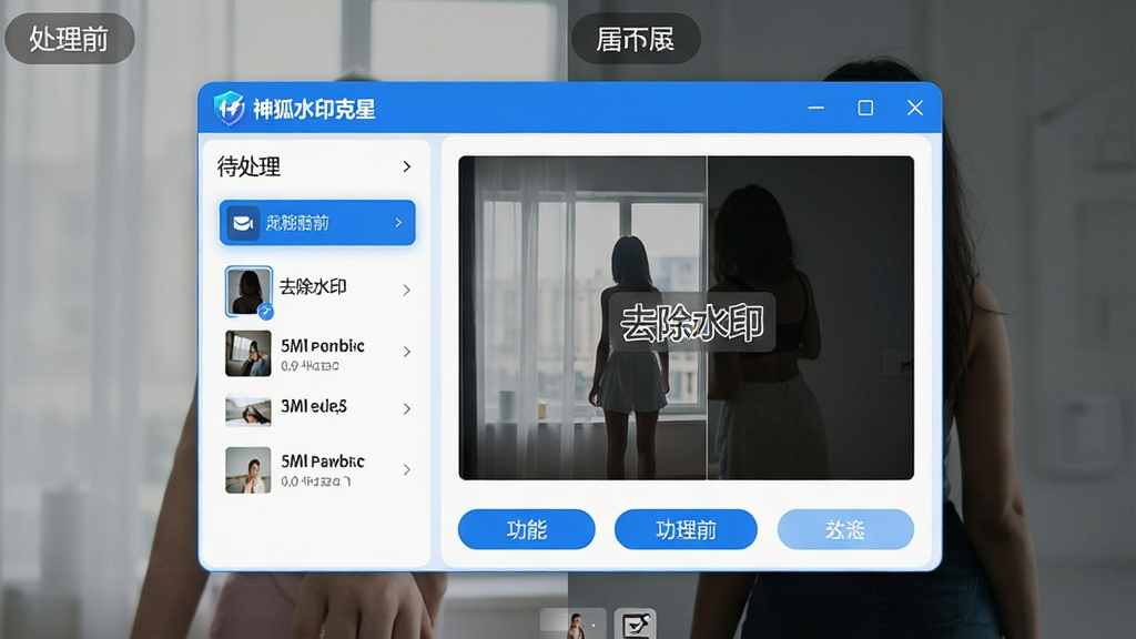 ���壺һ�ŵ�����Ļ���棬��ʾ�����ˮӡ���ǡ����������ڣ�����Ϊ����ǰ���ͼƬ�Աȡ����֣������ھ��У����Ϊ������ͼƬ�б����Ҳ�ΪЧ��Ԥ�������·�Ϊ���ܰ�ť���Ű棺������������ܰ�ť�������롣����ִ��Ƽ��У�����Ϊ������ɫ��������Բ�ǿ�ƬԪ�ء�ϸ�ڣ���Ļ����ʾ�����ˮӡ���ǡ�Logo��ͼƬ�Ա������ע��ȥ��ˮӡ������������ɾ���������ʣ����壬ɫ���������޶���Ԫ�ء�