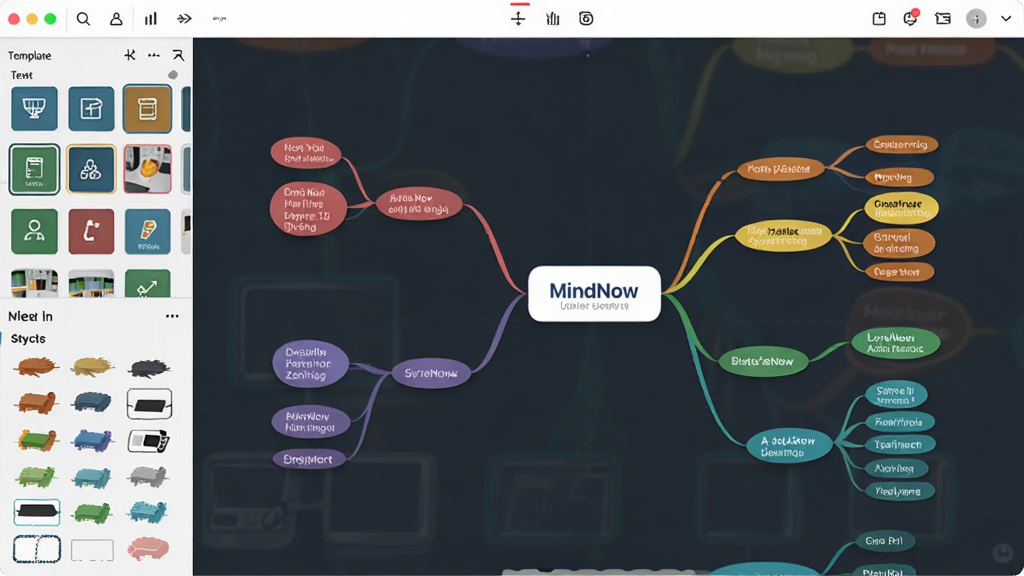 MindNow˼ά��ͼ����������Ԥ��ͼ��չʾ���������ı༭���棬������һ����������ڵ㣬�������������ʵķ�֧���⣬���������ģ�������ʽ��壬���ֹ������ִ���ƽ����Ʒ��ϸ�ڷḻ�����ʸ��壬�ɾ��޶���Ԫ��