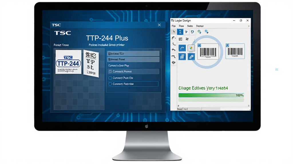 ���壺������Ļ��ʾTSC TTP-244 Plus������װ�������ǩ�༭������ƴ��ڡ����֣���Ļλ�ڻ������룬��ʾ��ӡ���ͺź����Ӷ˿�ѡ��Ű棺�����ͼ�ӽǣ�������������񣺿Ƽ���UIչʾ����ɫ�����⡣ϸ�ڣ������������б�ǩģ������빤�ߣ�������������ʾ100%�����ʣ����壬�ɾ����޶���Ԫ�ء�