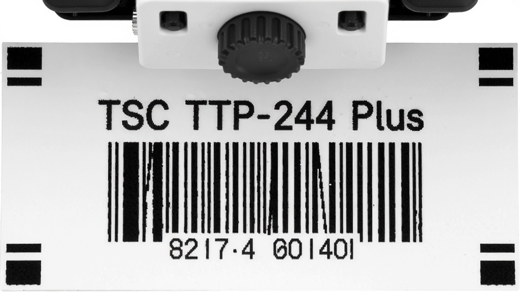 ���壺һ��ӡ��TSC TTP-244 Plus����ı�ǩ��д����ǩ��Ե�к�ɫ��λ��ǡ����֣���ǩֽƽ���ڻ������룬�Ϸ��д�ӡͷ΢����ť���Ű棺����ƽ�ӽǶȣ���ǩռ�ݻ�������֮�������΢����Ӱ����ɫ������ϸ�ڣ���ǩ�ϵ�������������������������ë�̣��ڱ�λ��׼ȷ�����ʣ����壬�ɾ����޶���Ԫ�ء�