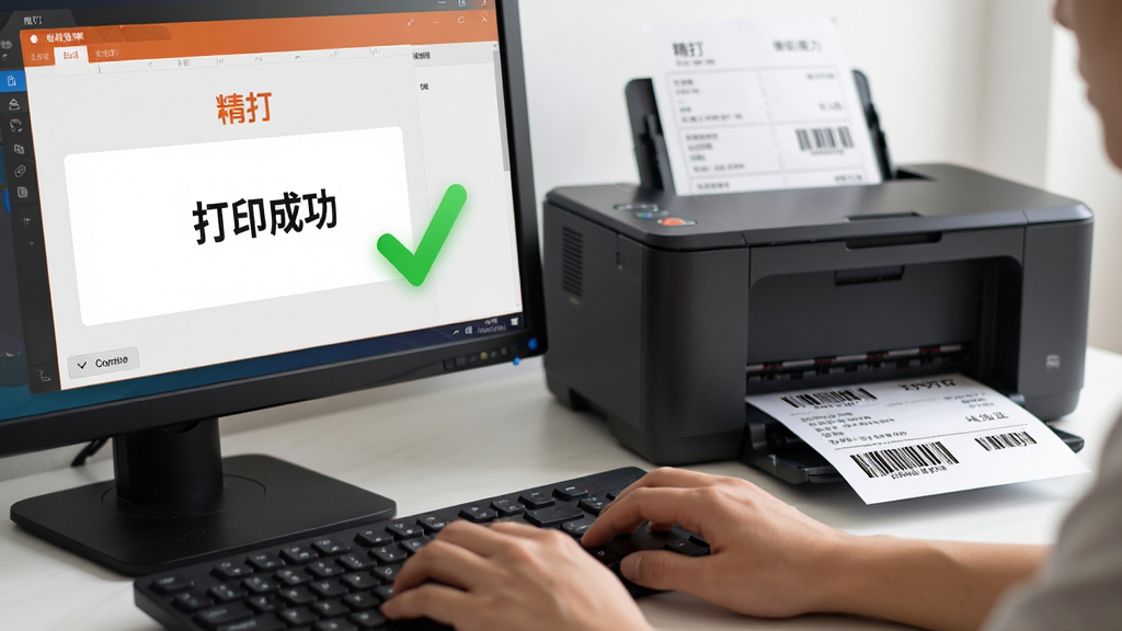 主体:用户正在操作精打淘宝快递单打印软件,界面显示“打印成功”提示,打印机旁有纸张;布局:前景为电脑键盘和手,背景为打印机和面单;排版:突出“打印成功”的绿色对勾;风格:写实摄影风格,光线柔和;细节:屏幕内容清晰可辨“精打”logo,纸上有条码和地址;画质:高清,干净无多余元素