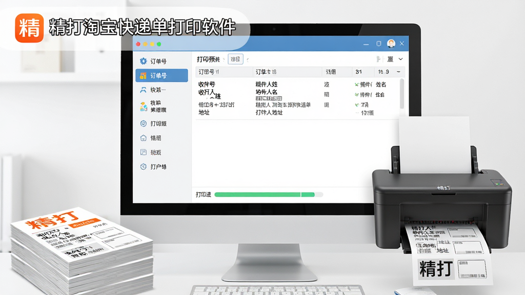 主体:精打淘宝快递单打印软件主界面展示在电脑屏幕上,旁边有打印好的快递单堆叠;布局:左侧功能列表,右侧订单预览列表,下方打印进度条;排版:清晰的分栏结构,突出软件logo“精打淘宝快递单打印软件”;风格:写实结合扁平化,色彩明亮干净;细节:界面显示订单号、收件人姓名、地址,打印机正在输出面单,纸张上印有“精打”字样;画质:高清渲染,干净无多余元素