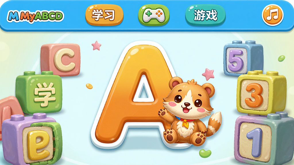 主体:MyABCD软件的主界面,画面中央是一个大大的字母“A”与可爱的卡通动物,周围环绕彩色字母块和数字积木。布局:采用儿童教育软件常见的平铺式布局,顶部为功能导航栏,下方为互动学习区域。排版:清晰的层次,大图标大按钮,符合儿童操作习惯。风格:明亮卡通,色彩鲜艳,圆角元素。细节:屏幕上有“学习”、“游戏”、“音乐”等中文标签,并带有“MyABCD”的Logo。画质:4K高清,干净,无多余元素。