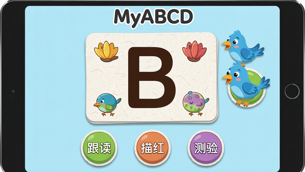 主体:MyABCD软件中的字母学习界面,屏幕上显示字母“B”和一只蓝色的鸟,旁边有发音按钮。布局:中央大卡显示字母与图案,下方为“跟读”“描红”“测验”三个圆形图标。排版:字母与图形比例大,背景干净,正上方有“MyABCD”字样。风格:扁平化卡通风格,色彩明亮,细节丰富。细节:加入纸质感纹理,按钮有微阴影。画质:插画级精致,干净无多余元素。