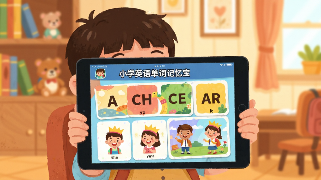 画面主体为一名快乐的小学生正使用平板电脑中的“小学英语单词记忆宝”应用,屏幕上显示色彩鲜艳的单词卡片与卡通插画,孩子面带笑容,背景是温馨的书房。布局采用中心构图,孩子位于画面中央偏左,平板朝向观众,应用界面清晰可见。排版干净清爽,风格为扁平化儿童插画,细节包括单词卡片上的字母与对应图标,整体画质明亮清晰,无多余元素。