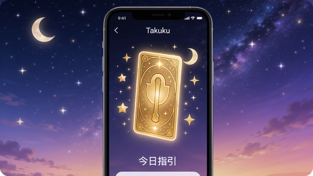 չʾTakukuӦ�õ�ÿ�����ƹ��ܣ�������һ�Ž�ɫ���������������ֻ���Ļ�ϣ����淢����͵Ĺ�â����Χ�����Ǻ�������װ�Σ�����Ϊ�λõ�ҹ�ս��䣬������ʾ������ָ����������Ӧ�����ơ�Takuku��λ���ֻ���Ļ�Ϸ���������Ψ���λã����ʾ�ϸ���ɾ��޶���Ԫ�ء�