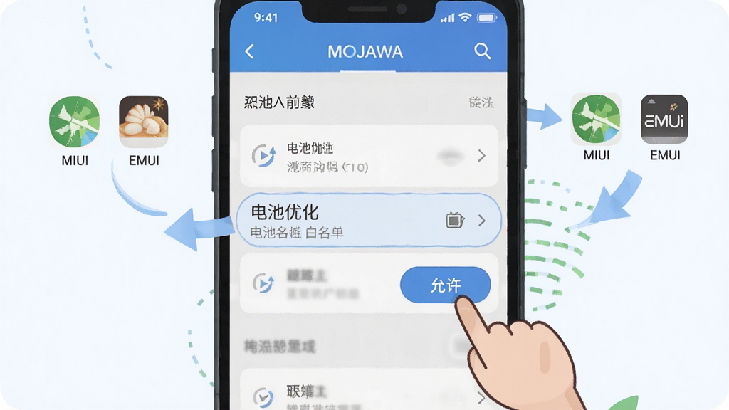 一副教程风格插画,主体是手机屏幕显示MOJAWA应用设置页面,高亮显示“电池优化”白名单选项,旁边有一个卡通小人在点击“允许”按钮,布局采用分步示意图样式,排版指引箭头清晰,风格扁平清新,细节包含“MIUI”、“EMUI”等不同系统图标,画质高,干净无多余元素。