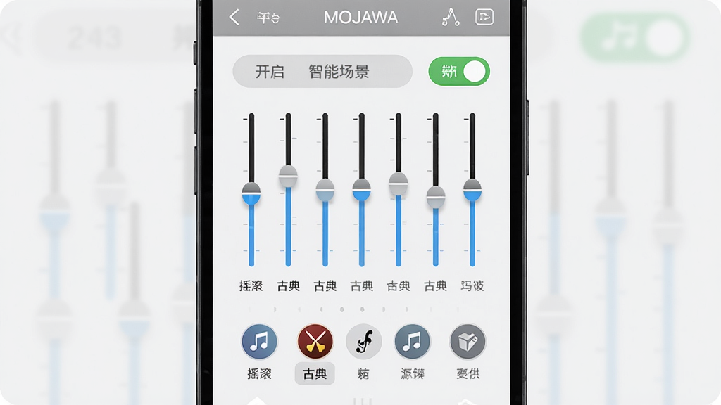 一副手机功能界面展示图,主体是MOJAWA播放器的均衡器调节页面,布局居中展示多个频段滑钮与场景图标,排版清晰有序,风格为简洁的UI设计稿风格,细节包含“智能场景”开启按钮与“摇滚”、“古典”等文字标签,画质细腻,干净无多余元素。