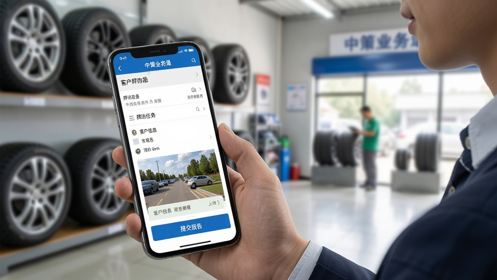 展示中策业务通客户拜访功能页面,一位销售人员在门店内使用手机进行定位打卡,屏幕显示拜访任务详情、客户信息及现场照片上传界面,界面下方有“提交报告”按钮,背景为轮胎店场景,风格写实,画面清晰,突出移动办公的便捷性,画质干净,无多余元素。