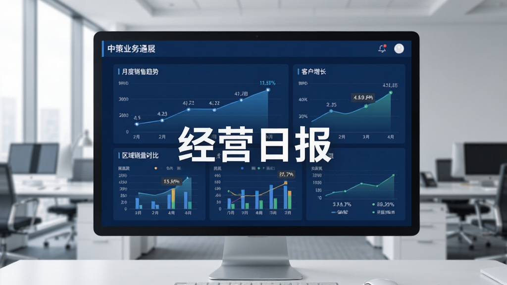 展示中策业务通数据报表界面,以图表形式展示月度销售趋势、区域销量对比、客户增长等数据,界面采用深蓝色商务风格,数据可视化图表清晰,屏幕中央显示“经营日报”字样,背景为办公室场景,风格专业,画质干净,无多余元素。