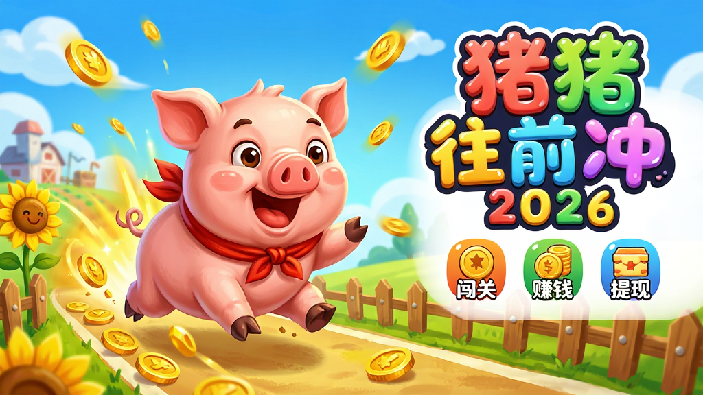 主体:一只戴着红色头巾的卡通小猪正在充满金币的跑道上快乐奔跑,背景是蓝天白云下的欢乐农场。布局:小猪位于画面中央偏左,右侧留白区域用彩色气泡文字标注“猪猪往前冲2026”游戏名称。排版:游戏LOGO醒目置于右上角,下方排列“闯关”、“赚钱”、“提现”三个小图标。风格:明亮卡通手绘风,色彩饱和度高。细节:小猪表情兴奋,身后有金色光效和飘落的金币,跑道两侧有向日葵和栅栏。画质:4K高清渲染,画面干净无多余元素,无文字水印。