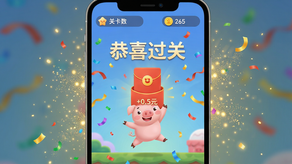 主体:游戏手机界面特写,屏幕中显示小猪闯关成功获得红包的庆祝画面。布局:手机位于画面中央,屏幕内容清晰可见,周围有金色粒子特效。排版:屏幕上方显示关卡数和金币数,中间是“恭喜过关”大字和红包图标。风格:现代UI设计,扁平化结合微拟物。细节:小猪在屏幕中央跳跃,红包上写有“+0.5元”,背景是胜利彩带。画质:高分辨率,光影柔和,干净无多余元素,无文字水印。