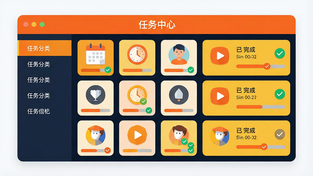 主体:一个色彩斑斓的任务面板界面,上面排列着各种任务图标。布局:面板居中,任务图标呈网格状分布,每个图标下方有进度条。排版:标题栏写着“任务中心”,左侧为任务分类,右侧为任务详情。风格:清新扁平插画风格,主色调为橙色和黄色。细节:任务图标包括日历、时钟、人像和播放按钮,已完成的任务打上绿色对勾。画质:UI界面清晰,边缘顺滑,干净无多余元素,无文字水印。