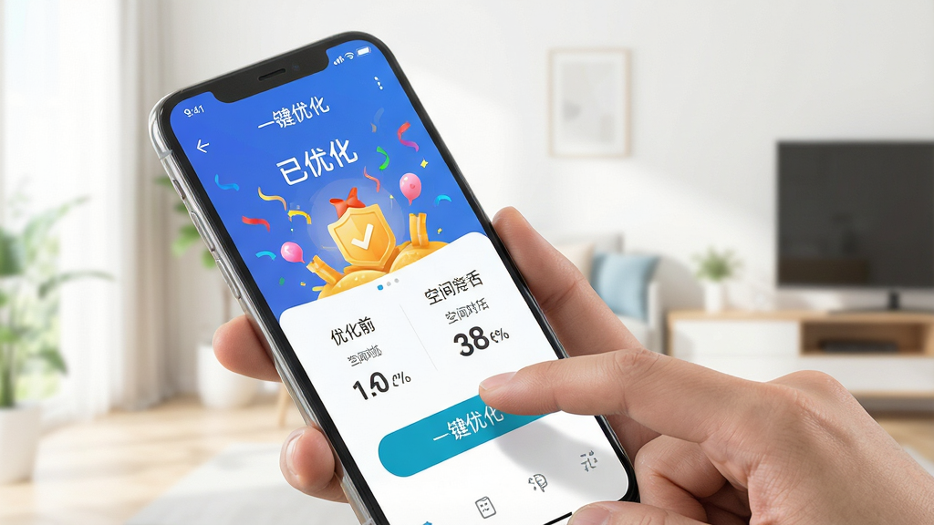 一张展示百易多软件使用场景的图片,主体为一只手持手机点击“一键优化”按钮的动作特写,手机屏幕显示清理完成的庆祝动画与“已优化”字样。布局为手持设备的倾斜视角,背景为明亮简洁的现代家居环境。排版聚焦于手指点击的瞬间,屏幕内容清晰可见。风格为生活化与科技感结合,色调明快。细节上,屏幕内显示优化前后的空间对比数据,字体清晰。画质高清,画面干净,传达出使用百易多后设备焕然一新的直观感受。