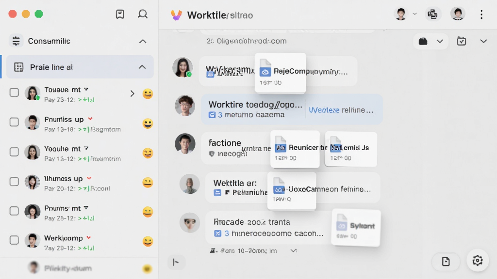 Worktile团队协作沟通界面,左侧为项目列表,右侧对话窗口显示多条消息与文件附件,界面风格清爽,配有小头像与表情图标,整体设计人性化,画质干净,无多余元素