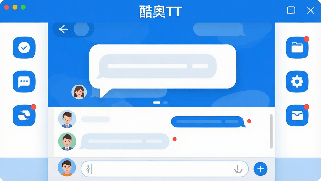 主体:酷奥TT软件主界面展示,画面中央为对话框,两侧有功能图标,顶部显示“酷奥TT”字样;布局:上下结构,上方为导航栏,下方为消息列表与输入框;排版:清晰简洁,图标整齐排列;风格:现代扁平化设计,色彩明快,以蓝色和白色为主色调;细节:聊天气泡圆润,头像清晰,未读消息红点提示;画质:高清,干净,无多余元素