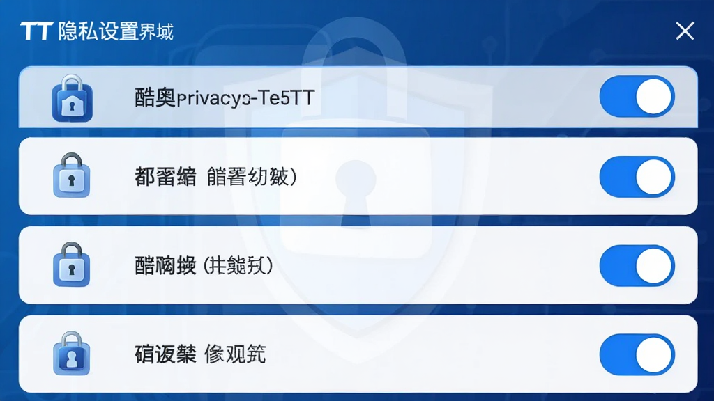 主体:酷奥TT隐私设置界面,展示加密锁图标与各项隐私选项开关;布局:列表式排列,每个选项右侧有开关按钮;排版:清晰直观,图标简洁;风格:科技感,蓝色调为主,背景有盾牌水印;细节:加密锁标志、选项文字清晰,开关状态明显;画质:高清,干净,无多余元素