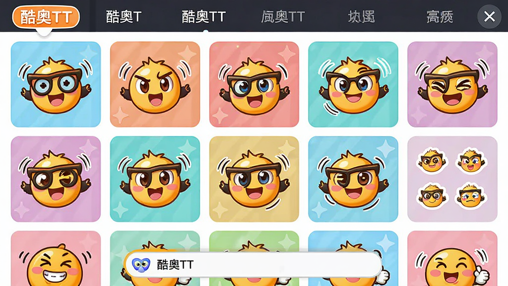 主体:酷奥TT表情选择界面,展示多款动态表情与贴纸,界面下方有搜索栏;布局:网格状排列表情包,顶部为分类标签;排版:整齐有序,每个表情大小一致;风格:卡通可爱,色彩鲜艳活泼;细节:表情带有动态效果,搜索栏有“酷奥TT”标识;画质:高清,干净,无多余元素