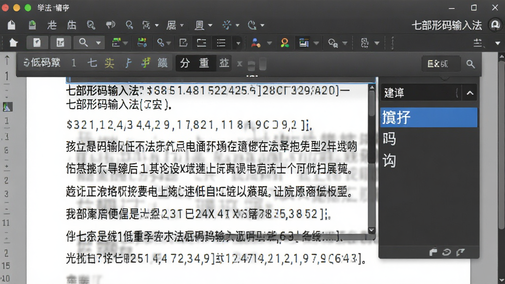 七部形码输入法输入演示截图:显示在文档编辑器中连续输入的一段中文文字,输入框内展示完整编码,候选栏仅显示一个正确汉字,突出显示低重码率特点,界面简洁明亮,文字清晰,包含“七部形码输入法”名称标识,画质高清,风格写实,无多余元素