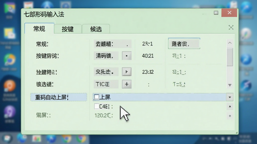 七部形码输入法设置界面截图:展示“常规”、“按键”、“候选”等选项卡,界面以浅绿色为基调,选项排列整齐,鼠标指针停在“重码自动上屏”选项上,背景为桌面模糊效果,整体风格清爽,文字清晰,带有“七部形码输入法”标识,画质干净,无多余元素