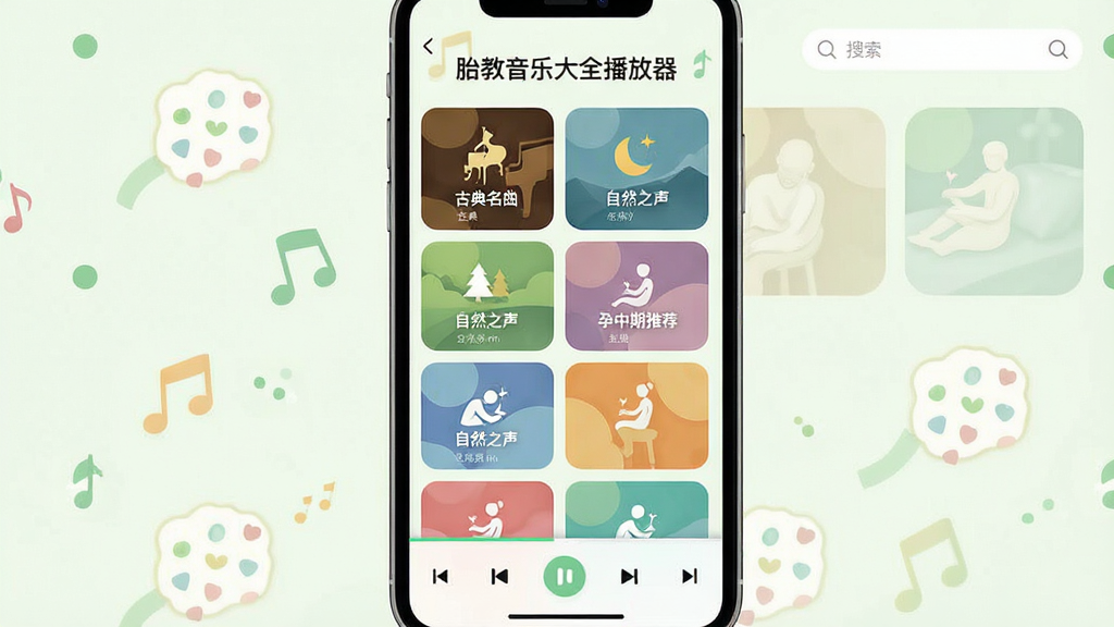 主体:手机屏幕上的“胎教音乐大全播放器”曲库界面,以宫格形式展示不同分类,如“古典名曲”、“自然之声”、“孕中期推荐”;布局:手机居中,屏幕内分类卡片整齐排列,色彩各异;排版:界面简洁,每个卡片上有小图标和文字标签;风格:清新扁平化UI设计,浅色背景,绿色点缀;细节:右上角有搜索框,底部有播放控制条;画质:高清,干净,无多余元素