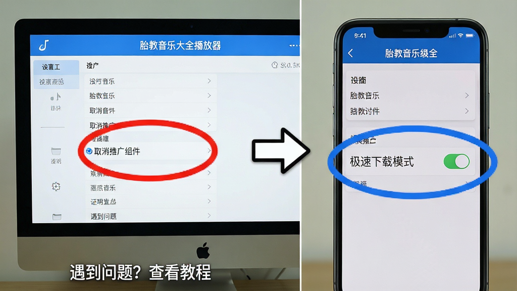 主体:电脑屏幕和手机屏幕并排显示“胎教音乐大全播放器”的设置界面,其中电脑屏幕上有红色圈出“取消推广组件”选项,手机屏幕上有蓝色圈出“极速下载模式”开关;布局:左右分屏,中间有箭头示意操作;排版:界面清晰,设置选项列表展示;风格:截图风格,红蓝标注明显;细节:屏幕下方有“遇到问题?查看教程”文字;画质:高清,干净,无多余元素