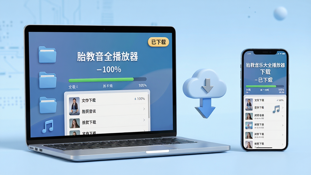 主体:一台笔记本电脑和一部手机并排放置,屏幕上都显示“胎教音乐大全播放器”的下载完成界面,有“已下载”标签和音乐列表;布局:左电脑右手机,中间以云朵图标和向下箭头连接,表示下载同步;排版:界面展示下载进度条100%和文件列表;风格:写实结合3D渲染,浅蓝色背景,科技感;细节:电脑屏幕显示文件夹图标,手机显示音乐音符;画质:高清,干净,无多余元素