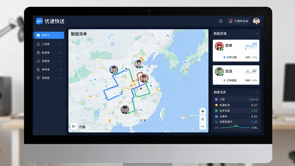 生成一张优速快送APP后台调度界面的图片,主体是电脑屏幕上的智能派单系统界面,展示地图分布和订单流转状态,布局为数据可视化看板,排版整洁,风格科技感,细节包括骑手头像和订单路线连线,画质清晰干净,无多余元素,屏幕上有“优速快送”系统字样。