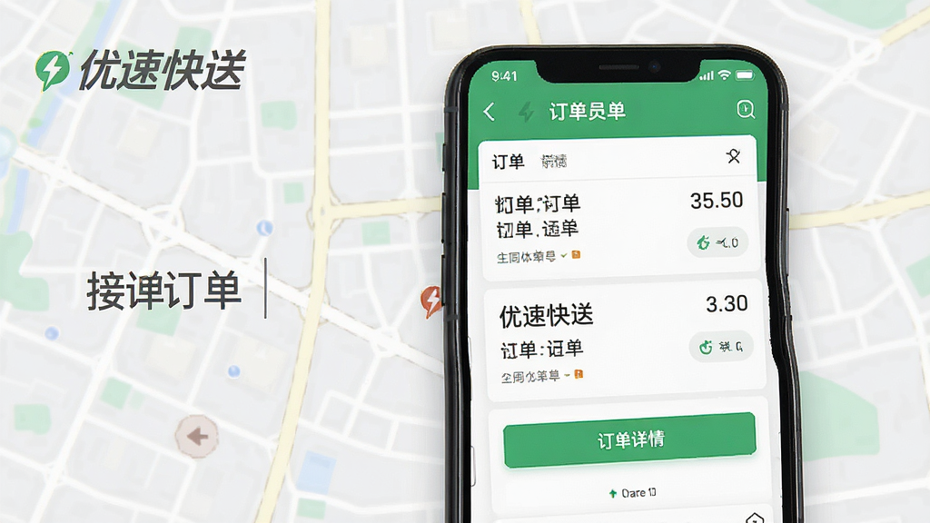 请生成一张优速快送APP的展示图片,主体为手机界面截图,展示配送员接单地图和订单详情列表,布局清晰,排版专业,风格现代简约,细节包括绿色主色调的按钮和清晰的订单信息文字,画质高清干净,无多余元素,图片上可以显示“优速快送”字样。