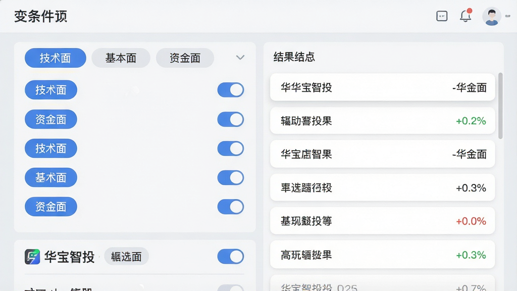 ���壺һ�����ܷḻ��ѡ�ɽ��棬��Ļ�������Ÿ���ɸѡ����ѡ��硰�����桱���������桱�����ʽ��桱��ǩ���·���ɸѡ����б������й�Ʊ�������С�������Ͷ��Ʒ�Ʊ�ʶ�����֣�����������ҷ���ʽ��ƣ����Ϊ�������������Ҳ�Ϊ��̬���չʾ��������Ϊ����ǳ�����ɫ���䡣�Ű棺��Ϣ�㼶������������ǩ����ɫԲ�Ǿ��Σ�����б��ð�ɫ��Ƭ���������������������࣬�߼�������ϸ�ڣ�ÿ������ѡ������ϸ΢�Ŀ��ض���������б��������������ʣ����壬����Ԫ�ر�Եƽ�����޶���Ԫ�ء�