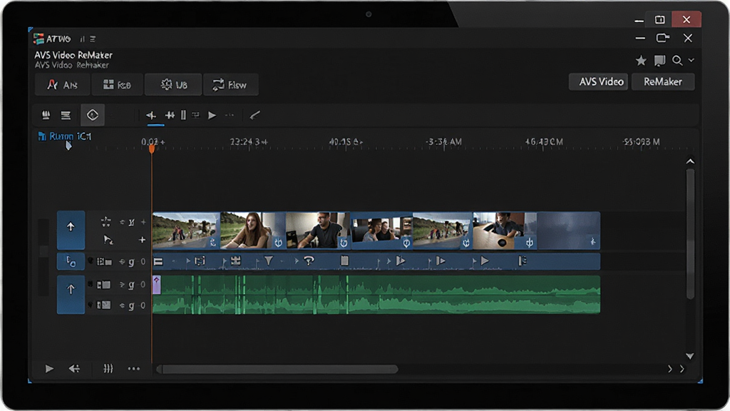 高清视频剪辑软件界面展示,电脑屏幕中显示“AVS Video ReMaker”主窗口,时间轴上有多个视频片段,界面风格现代简洁,以深色为主色调,按钮清晰,整体氛围专业高效,画质清晰,干净无多余元素
